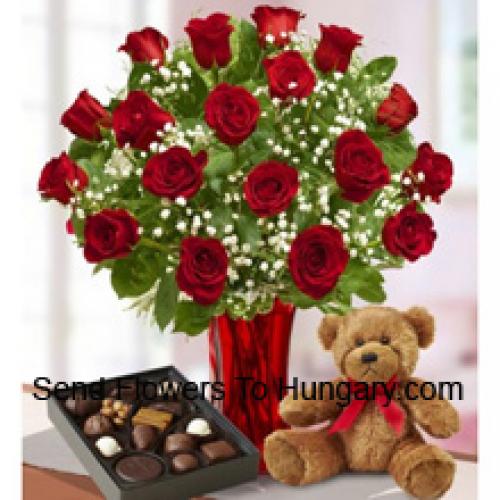 25 Rosas com Chocolates Importados e Urso de Pelúcia