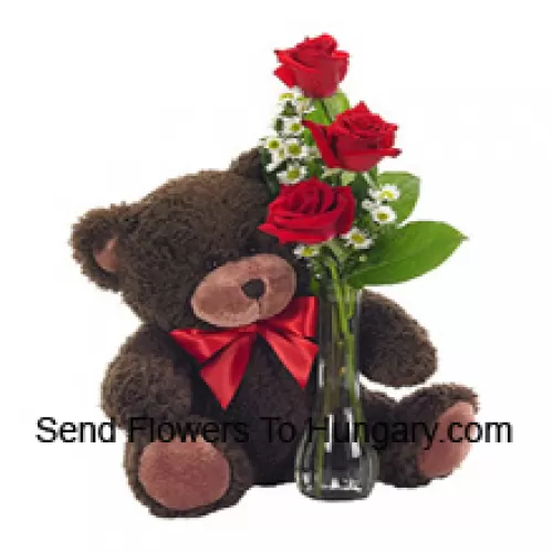 一束玻璃花瓶里装有3朵红玫瑰和一些蕨类植物，以及一个可爱的14英寸高的泰迪熊