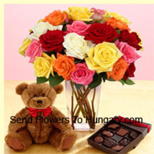 25 Rosas Mistas com Urso Fofo e Chocolates