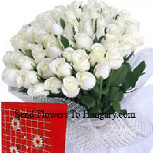 Cesta de 101 rosas blancas con una tarjeta de felicitación gratuita