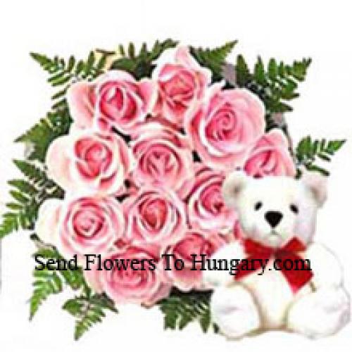 11 Pink Roses with Adorable Teddy