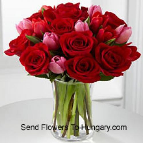 11 Roses and 6 Cute Tulips in Vase