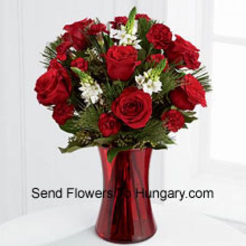 Roses and Assorted Greenery in Red Vase